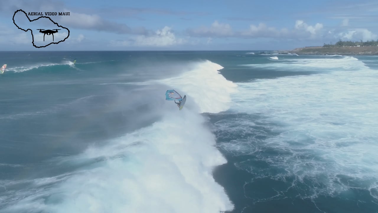 4k Aerial drone action of pro-windsurfer, Levi Siver 10-3-17 - Aerial Video Maui | aquasport.tv